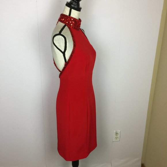 Niteline Della Roufagali Sheath Dress Size 10 Womans Red Halter Beaded Open Back - Picture 2 of 15